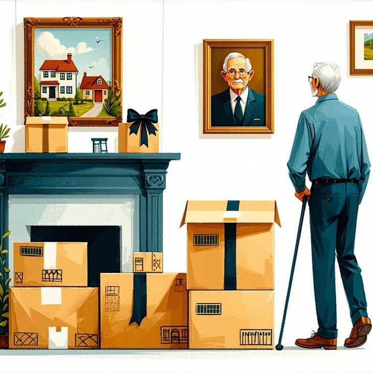 Create a professional and emotionally nuanced illustration or composite image representing the concept of motivated sellers in real estate due to unexpected life events The scene should subtly depict several life transitions happening simultaneously-1